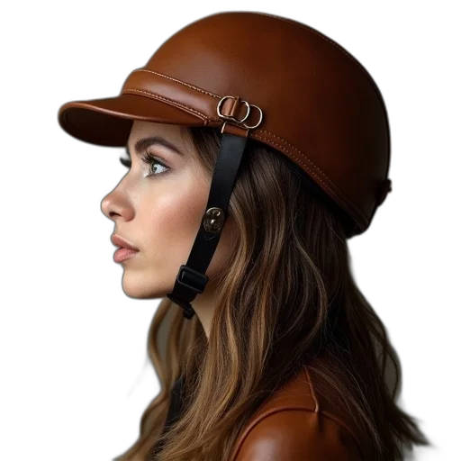 hat, staff, cyberpunk, photorealistic, ladies, brown, leather, helmet transparent PNG cut-out