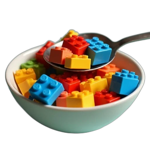 food, 3d render, colorful, blue, spoon, scooping, lego, blocks transparent PNG cut-out