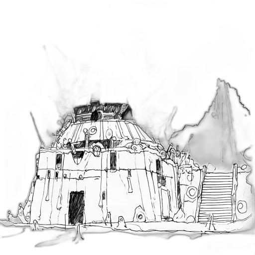 building, robot, weapon, crown, concept art, fantasy art, pencil sketch, 3d render transparent PNG cut-out