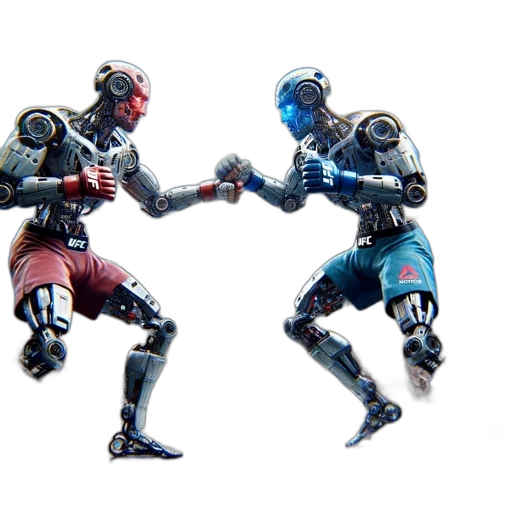 robot, concept art, 3d render, cyberpunk, outer space, blue, two, fighters transparent PNG cut-out