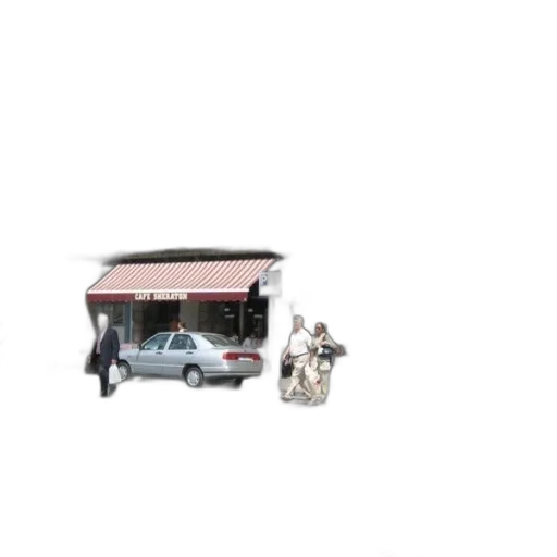 car, furniture, umbrella, building, 3d render, concept art, pixel art, photorealistic transparent PNG cut-out
