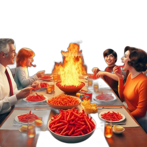 food, photorealistic, concept art, 3d render, fire, red, family, five transparent PNG cut-out