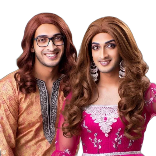 hair, cartoon, photorealistic, two, men, traditional, attire, sit transparent PNG cut-out