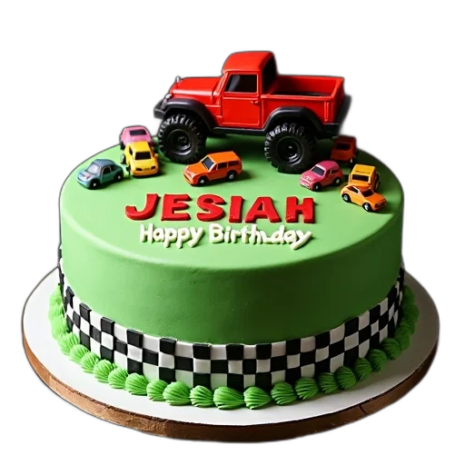 car, 3d render, birthday, cake, checkered, pattern, sides, green transparent PNG cut-out