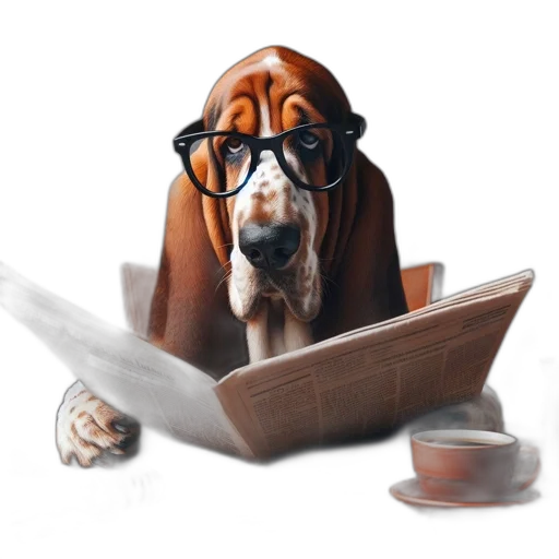 staff, basset, hound, dog, donning, glasses, reads, newspaper transparent PNG cut-out