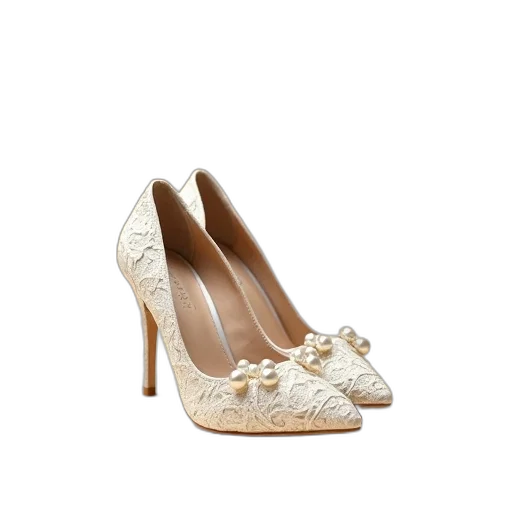 shoes, pair, white, high-heeled, intricate, lace, details, pearl transparent PNG cut-out