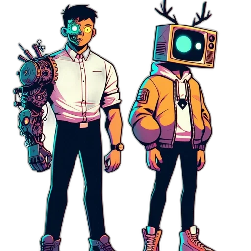 robot, jacket, staff, concept art, cyberpunk, comic book art, pixel art, neon lights transparent PNG cut-out