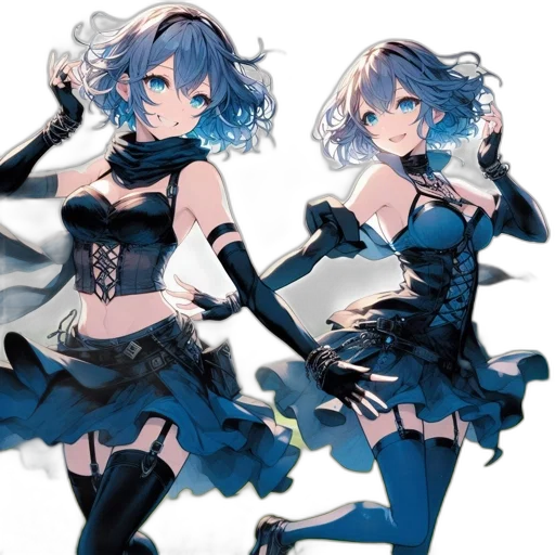 dress, concept art, anime, pixel art, fantasy art, blue, monochrome, dark transparent PNG cut-out