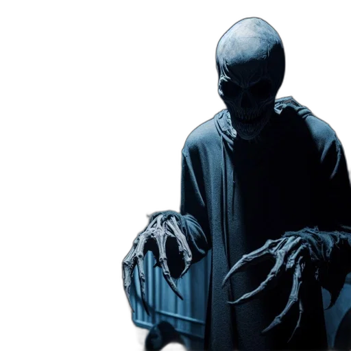 mask, creature, jacket, concept art, comic book art, dimly, lit, cluttered transparent PNG cut-out