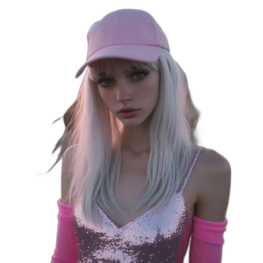 hat, jacket, face, dress, 3d render, vaporwave, cyberpunk, photorealistic transparent PNG cut-out