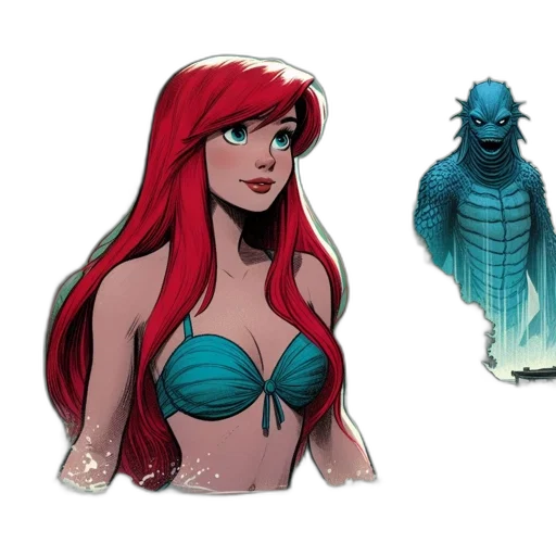 concept art, comic book art, fantasy art, cartoon, underwater, blue, red, mermaid-like transparent PNG cut-out