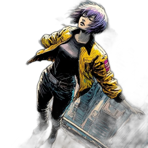 jacket, comic book art, concept art, cyberpunk, watercolor, woman, short, purple transparent PNG cut-out