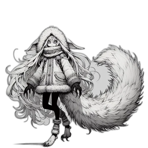 creature, hair, animal, jacket, concept art, fantasy art, comic book art, pixel art transparent PNG cut-out