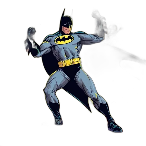 concept art, comic book art, 3d render, fantasy art, batman, flexes, retro-style, room transparent PNG cut-out