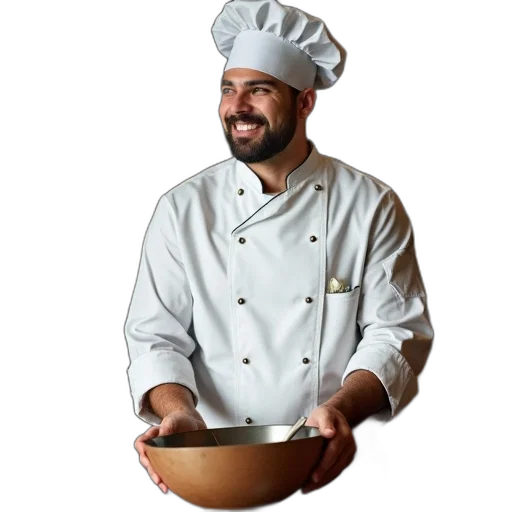 staff, food, hat, jacket, photorealistic, 3d render, concept art, chef transparent PNG cut-out