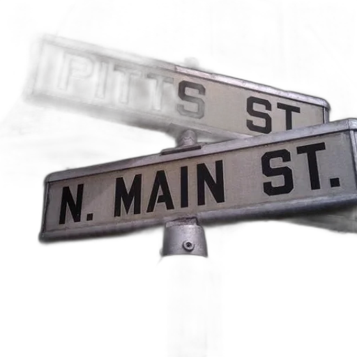 3d render, photorealistic, city street, street, sign, reads, pitts, main transparent PNG cut-out