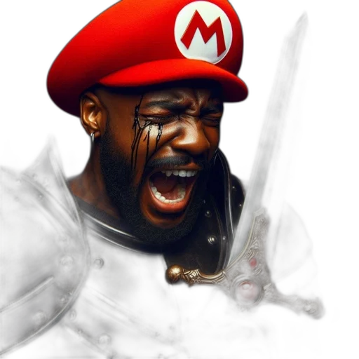sword, face, weapon, concept art, fantasy art, comic book art, photorealistic, mario transparent PNG cut-out
