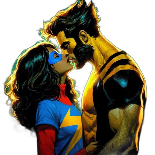 comic book art, concept art, golden, two, costumed, individuals, share, intimate transparent PNG cut-out