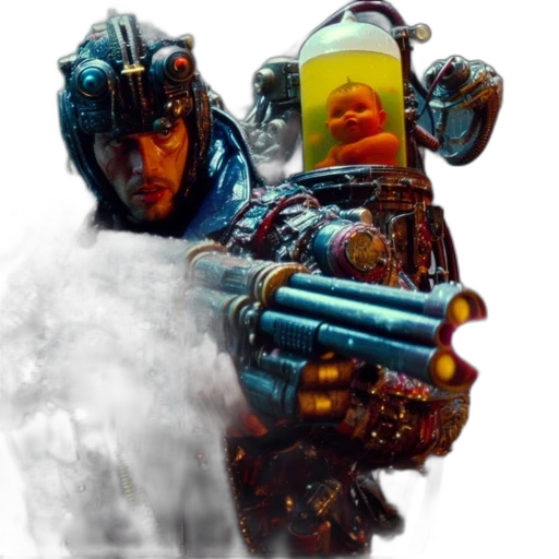 robot, bottle, weapon, concept art, pixel art, 3d render, cyberpunk, outer space transparent PNG cut-out