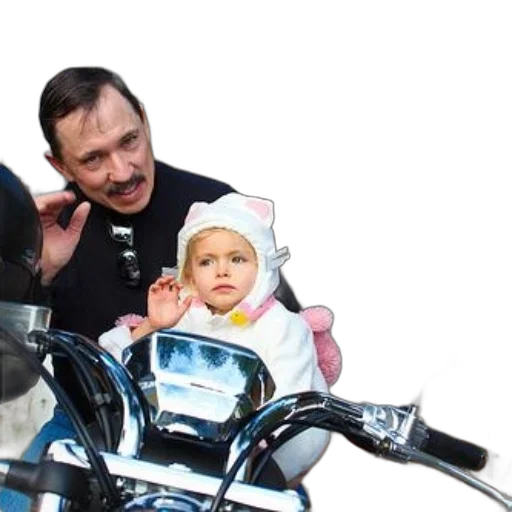 photorealistic, man, mustache, sits, motorcycle, young, child, dressed transparent PNG cut-out