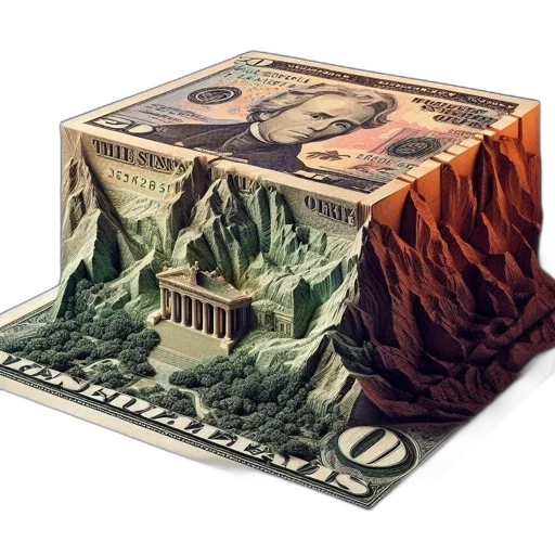 concept art, elaborate, carving, folded, dollar, bill, depicts, mountainous transparent PNG cut-out