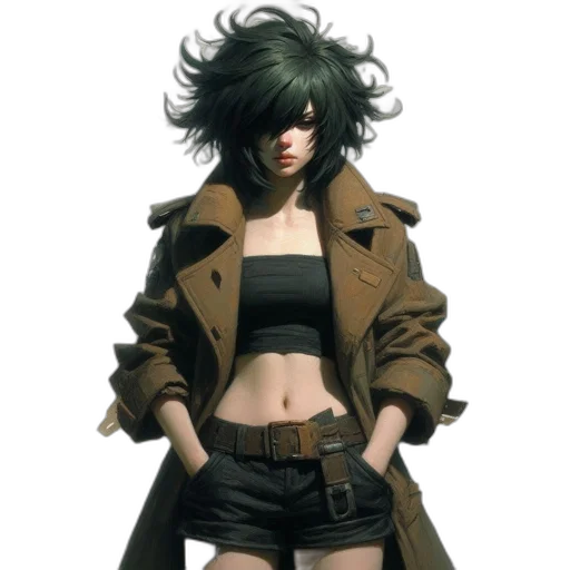 jacket, dress, hair, weapon, concept art, cyberpunk, comic book art, photorealistic transparent PNG cut-out