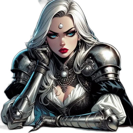 comic book art, fantasy art, concept art, cartoon, armored, woman, silver, hair transparent PNG cut-out