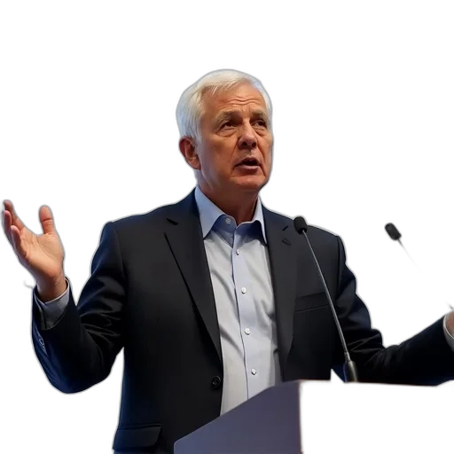 man, white, hair, standing, podium, his, hands, raised transparent PNG cut-out