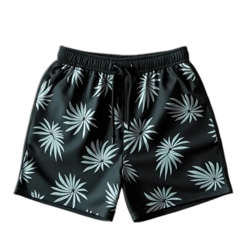 pair, black, shorts, tropical, leaf, pattern, displayed, against transparent PNG cut-out