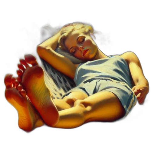 shoes, photorealistic, oil painting, 3d render, concept art, fire, woman, reclines transparent PNG cut-out