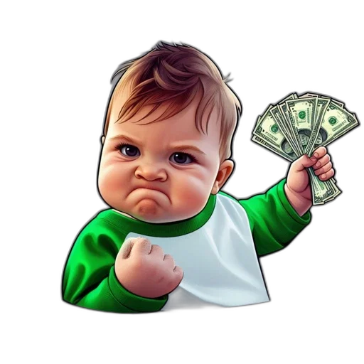 photorealistic, pixel art, baby, determined, expression, holds, dollar, bills transparent PNG cut-out