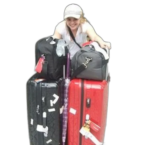 woman, white, hat, standing, behind, pile, luggage transparent PNG cut-out