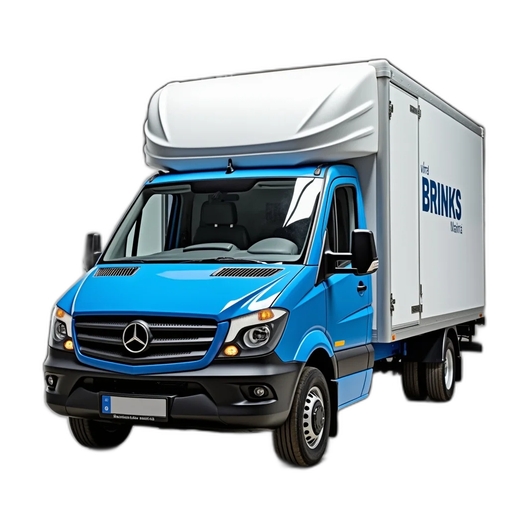 3d render, photorealistic, blue, white, mercedes-benz, van, text, brinks transparent PNG cut-out