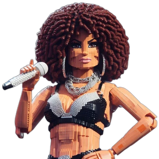 cartoon, lego, sculpture, portrays, female, performer, wearing, sequinned transparent PNG cut-out