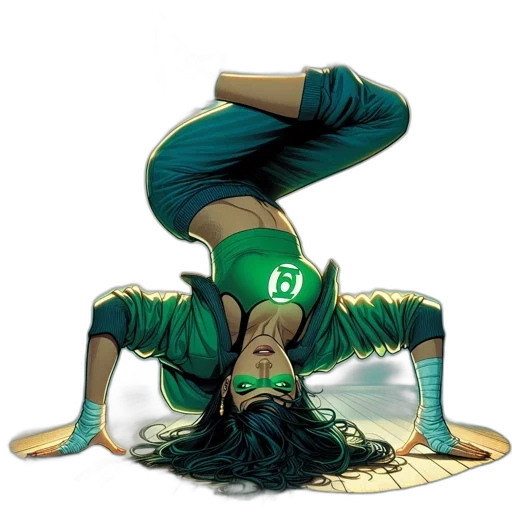 comic book art, concept art, green, woman, wearing, outfit, performs, handstand transparent PNG cut-out
