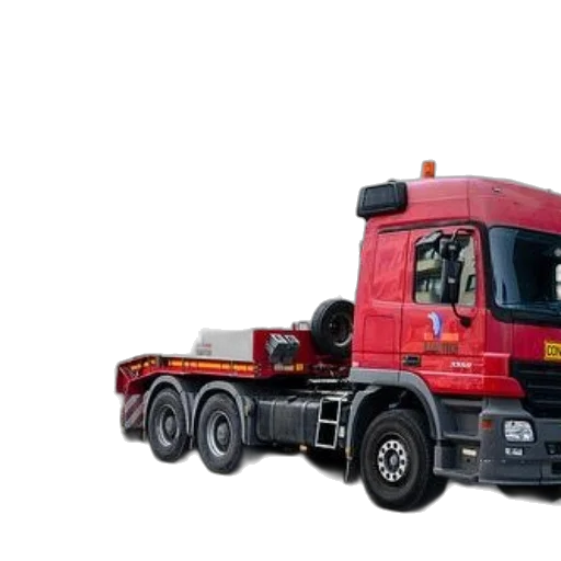 3d render, red, semi-truck, flatbed, trailer, parked, front, modern transparent PNG cut-out
