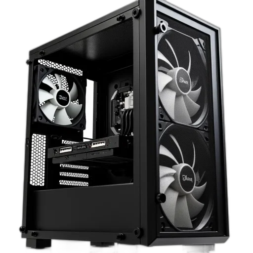 3d render, computer, case, side, panel, removed, revealing, interior transparent PNG cut-out