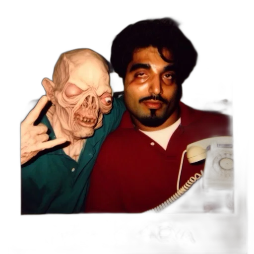 mask, face, creature, staff, photorealistic, vaporwave, concept art, two transparent PNG cut-out