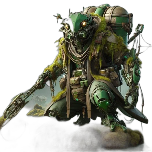 robot, weapon, concept art, fantasy art, 3d render, green, mechanical, moss-covered transparent PNG cut-out