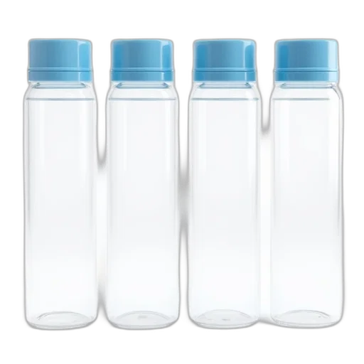 bottle, set, four, clear, cylindrical, containers, blue, cap transparent PNG cut-out
