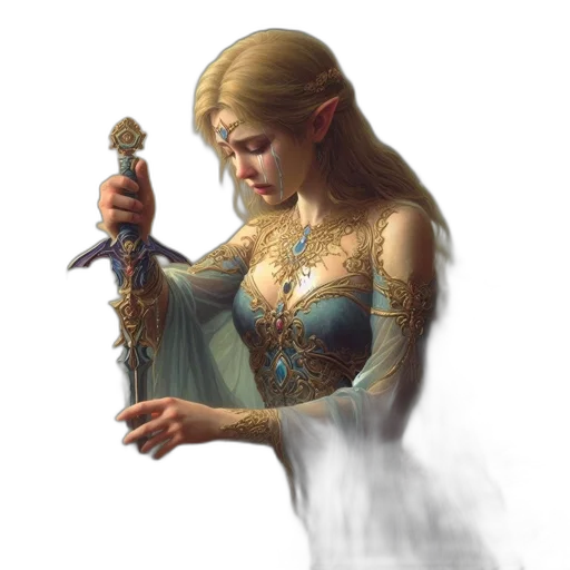 sword, staff, dress, jewelry, fantasy art, concept art, pixel art, photorealistic transparent PNG cut-out