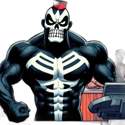 comic book art, concept art, muscular, character, red-skulled, costume, stands, before transparent PNG cut-out