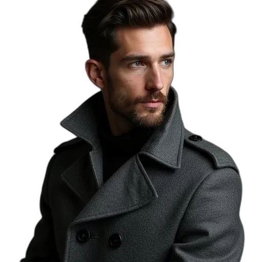 jacket, face, photorealistic, dark, monochrome, man, grey, black transparent PNG cut-out