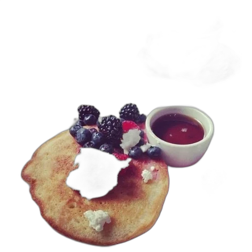 food, photorealistic, plate, pancakes, berries, cream, top transparent PNG cut-out