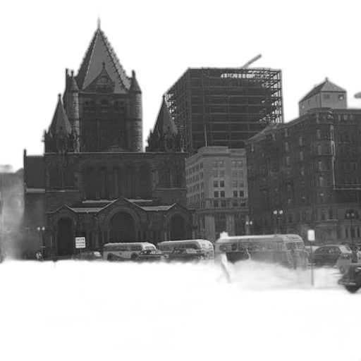 building, car, concept art, photorealistic, city street, snow, fog, black transparent PNG cut-out