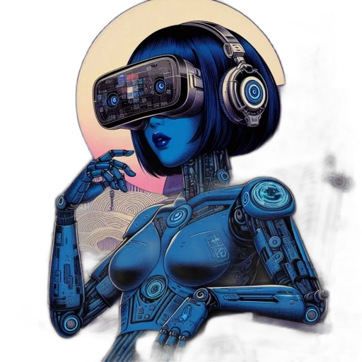 robot, cyberpunk, concept art, comic book art, vaporwave, outer space, blue, blue-skinned transparent PNG cut-out