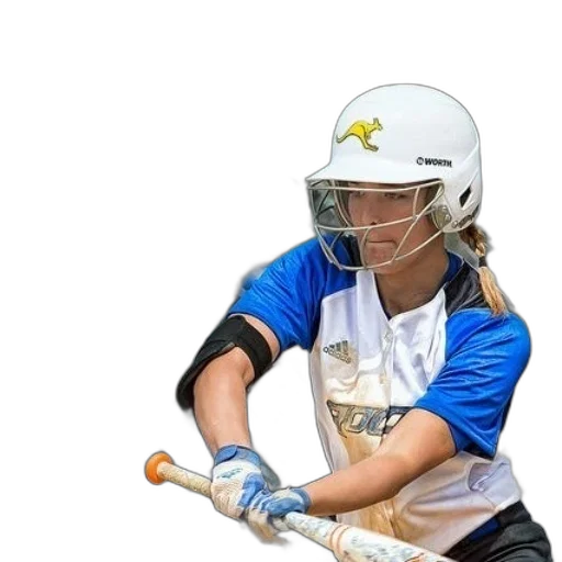 staff, female, softball, player, blue, white, uniform, holding transparent PNG cut-out