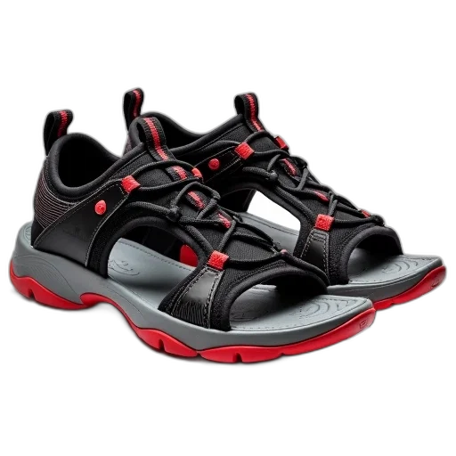 shoes, 3d render, pair, black, grey, sandals, red, accents transparent PNG cut-out
