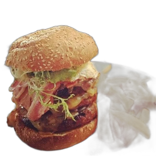 food, photorealistic, 3d render, delicious-looking, burger, fries, plate, accompanied transparent PNG cut-out