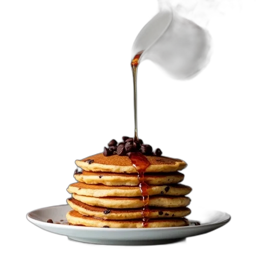 food, photorealistic, stack, pancakes, syrup, dripping, pitcher, placed transparent PNG cut-out
